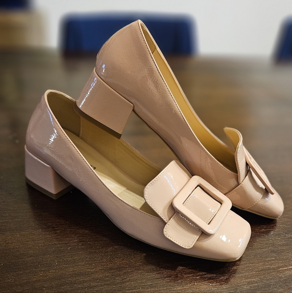 Elegant Nude Patent Leather Block Heels